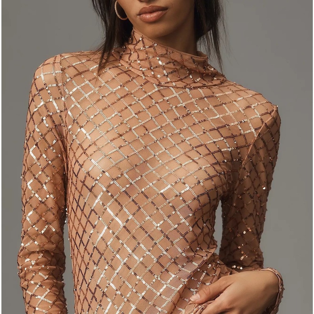 Pilcro Mesh Sequin Turtleneck Top Women XS Light Sand Sheer Holiday Party Glam - Picture 1 of 10